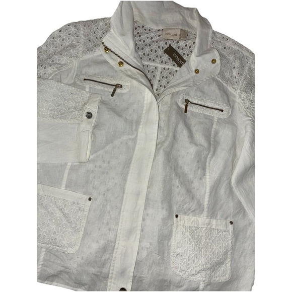 Chico's Eyelet Jacket Women's 4 22W 2X White 100% Linen Pockets Lace Sheer NEW - Picture 1 of 12